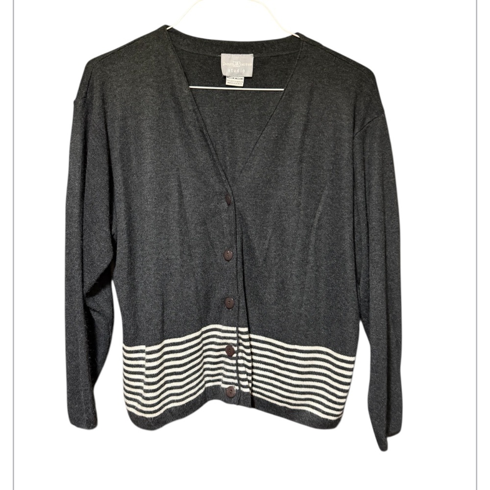 Jacqueline Smith Vintage Button-Up Cardigan Sweater Size M Gray with Striped Hem